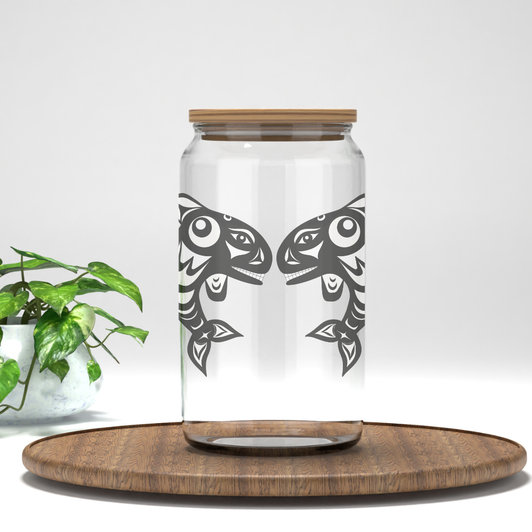 Coast Salish Whales 16 Oz Glass Tumbler with Bamboo Lid with Straw