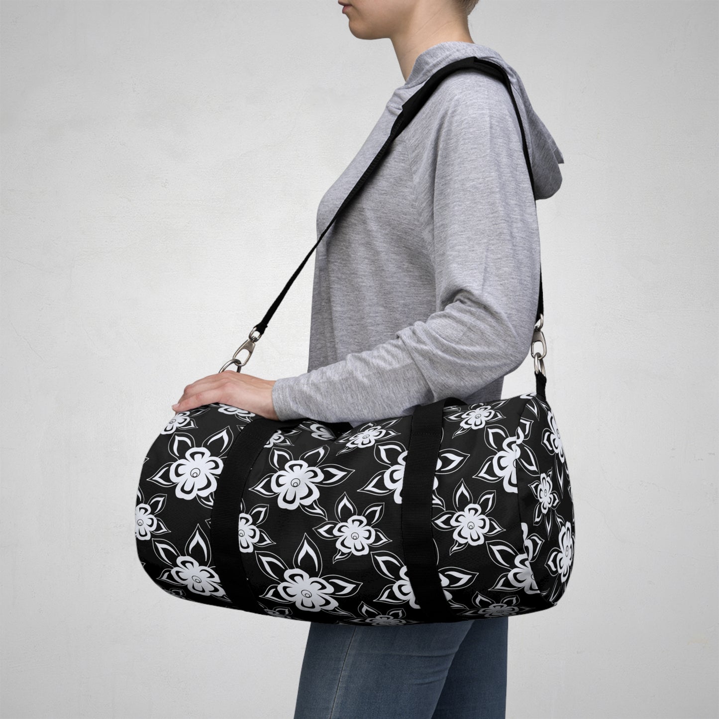 Coast Salish Black and White Floral Duffel Bag